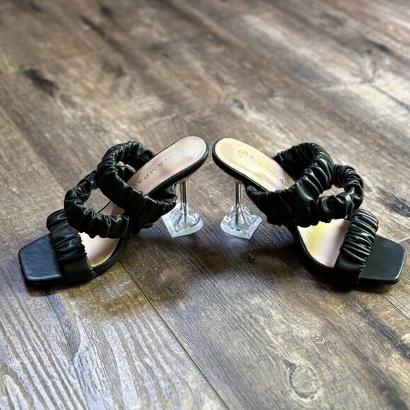 NEW Rampage Square Toe Ruched Heeled Sandals Black with Clear Heels Women's 6 - Picture 3 of 16